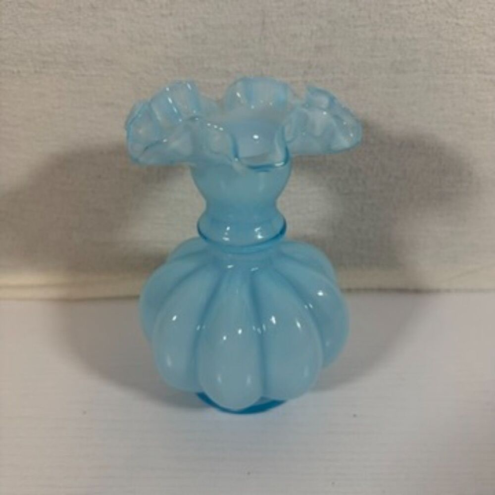 Vintage Fenton Blue Pastel Milk Glass Melon Vase Crimped Ruffled Rim 6.75"
